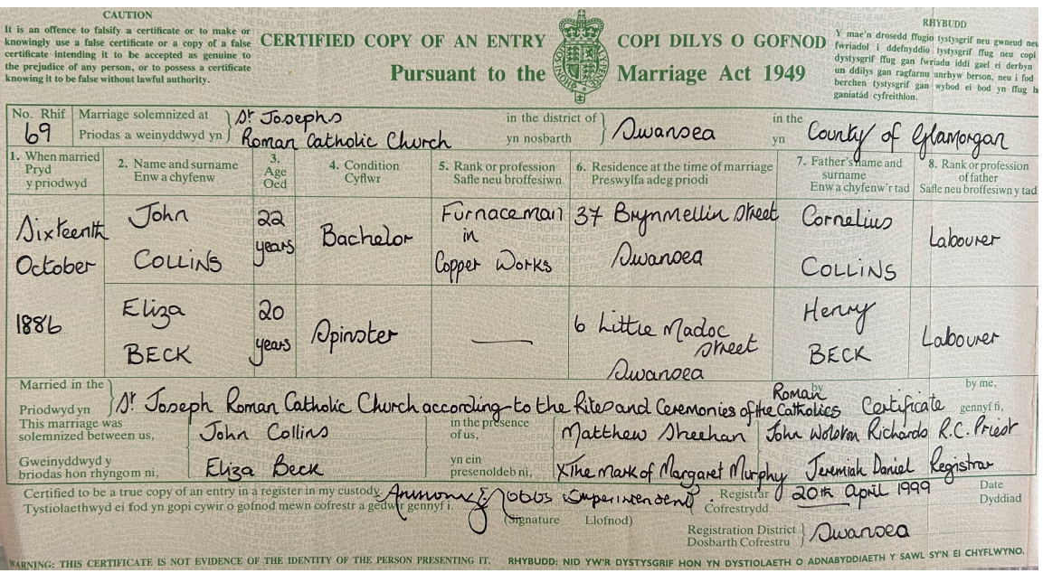 Marriage certificate of John Collins and Eliza Beck, 1886